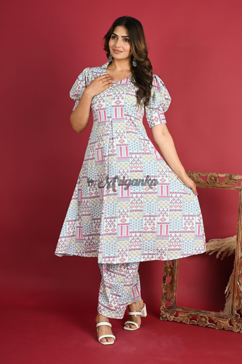 Shop Beige Geometric Print Co-Ord Set | Mriganka