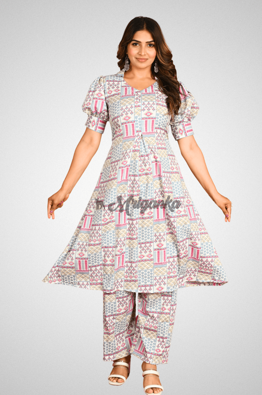 Shop Beige Geometric Print Co-Ord Set | Mriganka