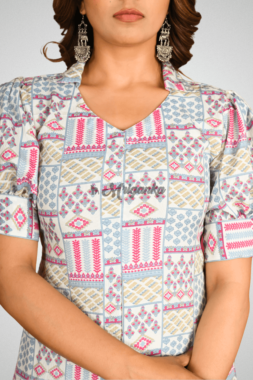 Shop Beige Geometric Print Co-Ord Set | Mriganka