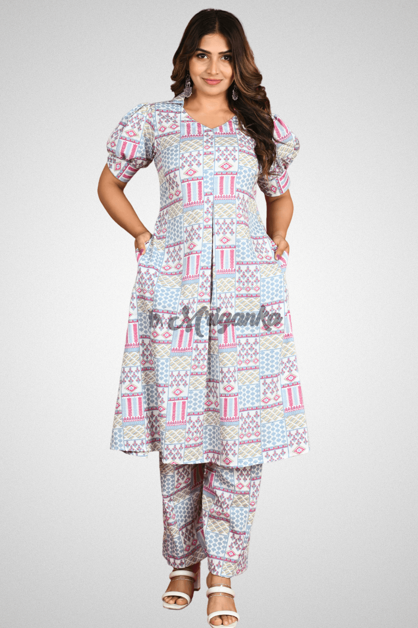 Shop Beige Geometric Print Co-Ord Set | Mriganka