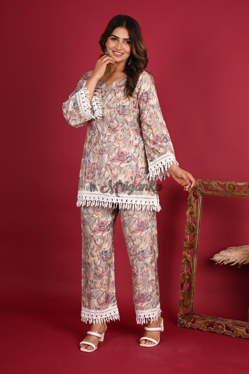 Buy Floral Co-ord Set with Lace Work | Mriganka