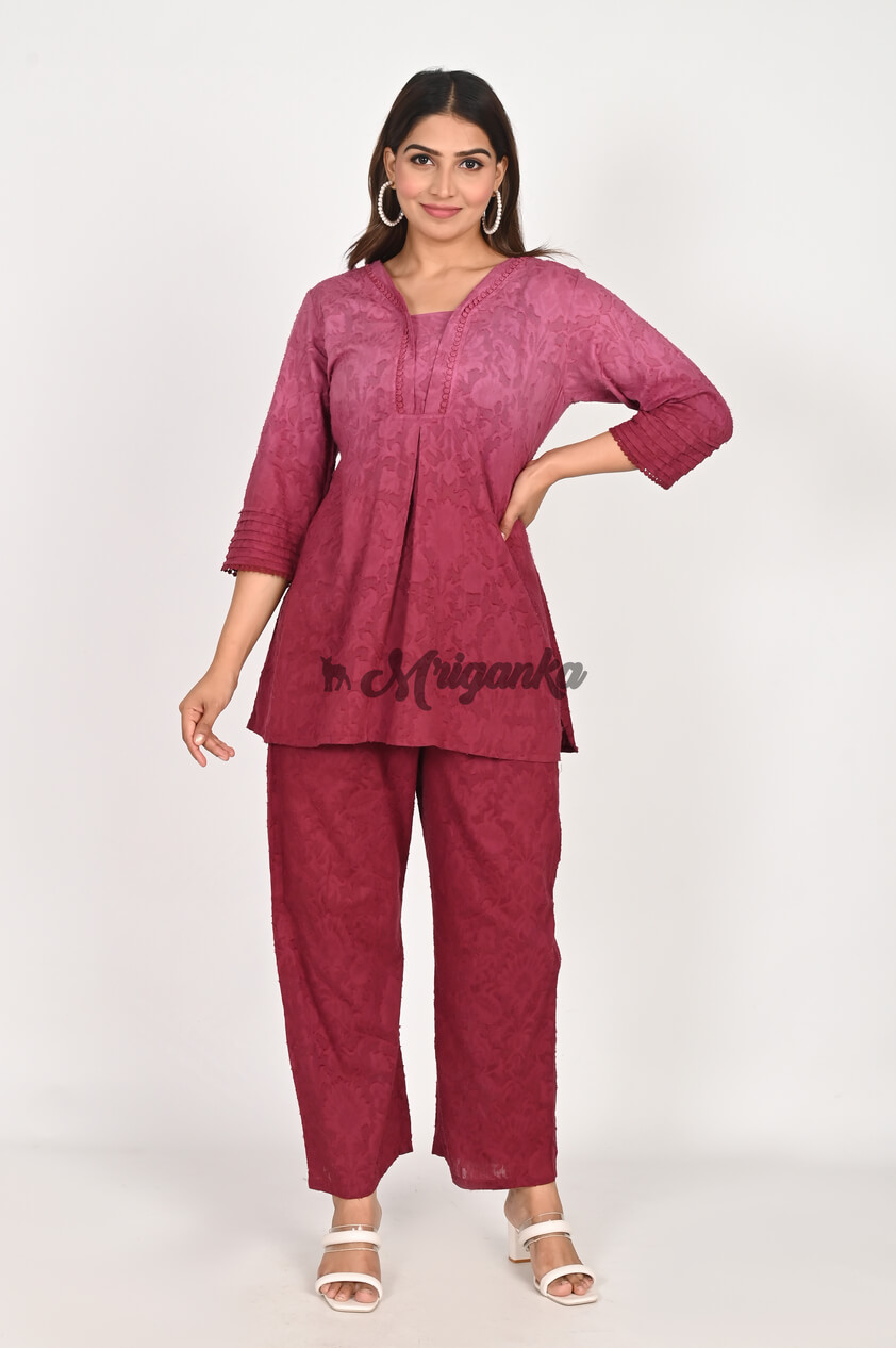 Stylish Maroon Co-ord Set | Pintucks & Lace Detailing - Buy from Mriganka