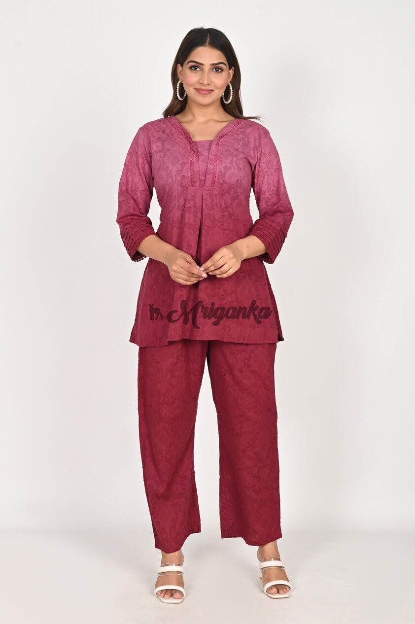 Stylish Maroon Co-ord Set | Pintucks & Lace Detailing - Buy from Mriganka