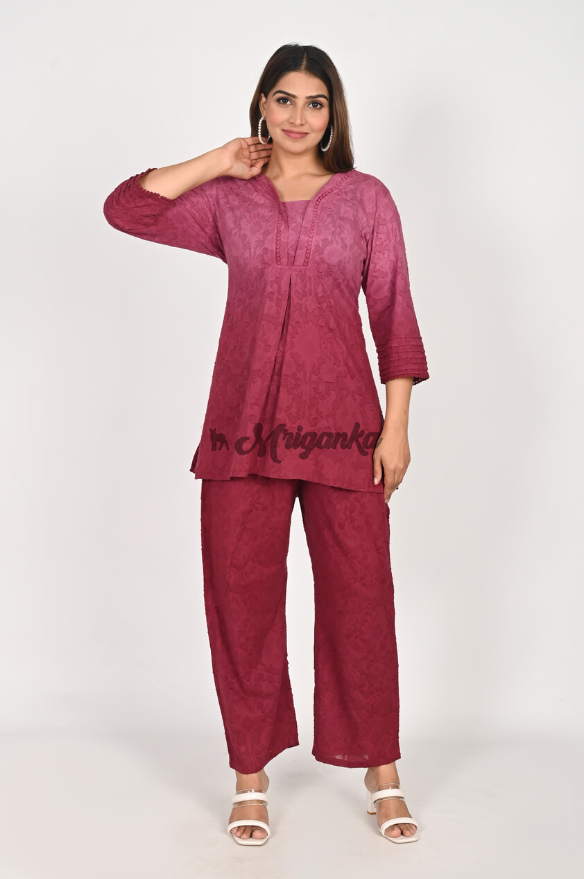 Stylish Maroon Co-ord Set | Pintucks & Lace Detailing - Buy from Mriganka