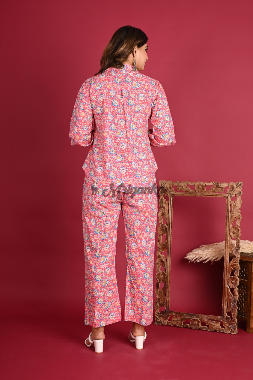 Buy Pink Pure Cotton Co-Ord Set with Bobbin Elastic Sleeves from Mriganka