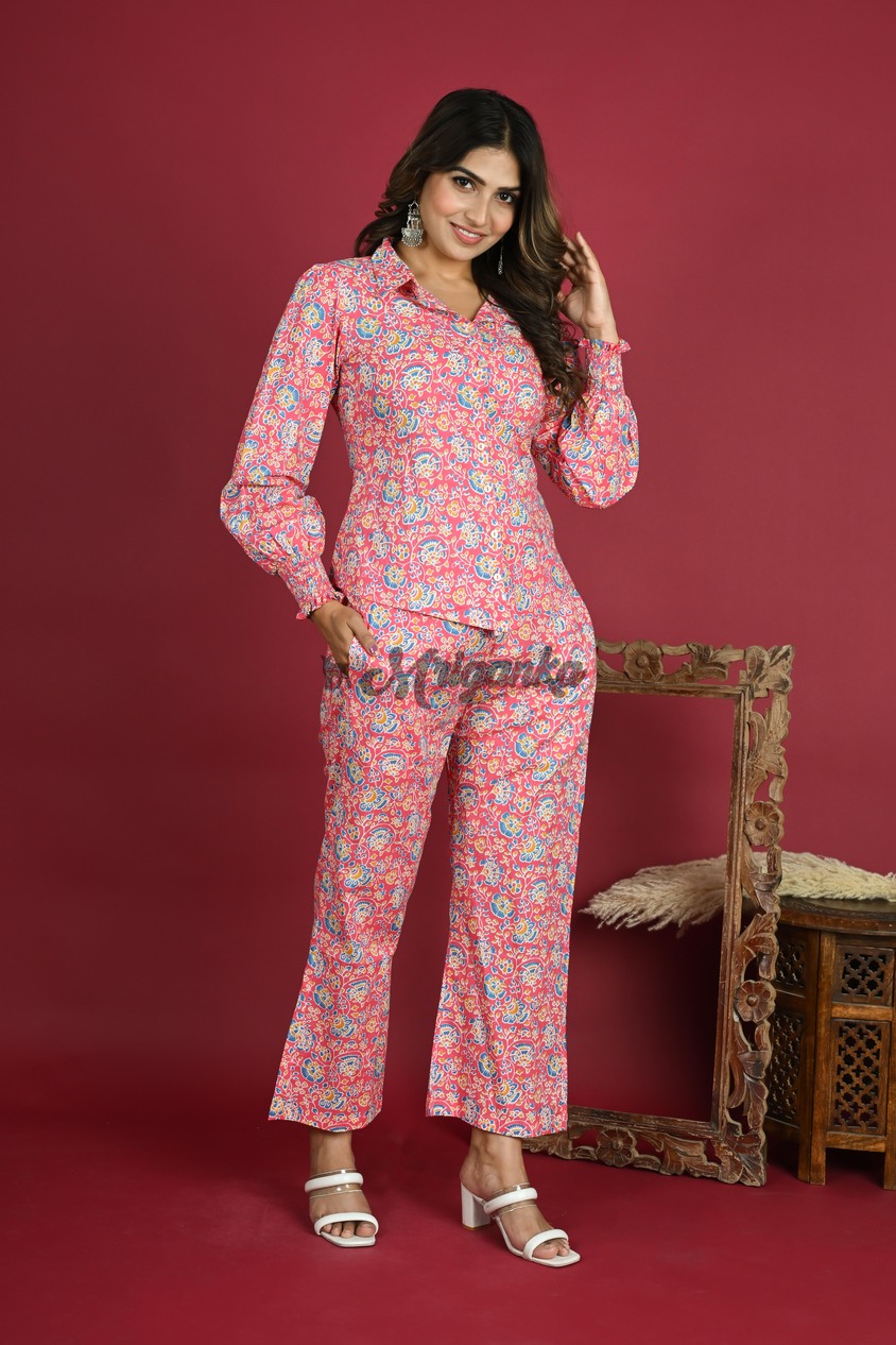 Buy Pink Pure Cotton Co-Ord Set with Bobbin Elastic Sleeves from Mriganka