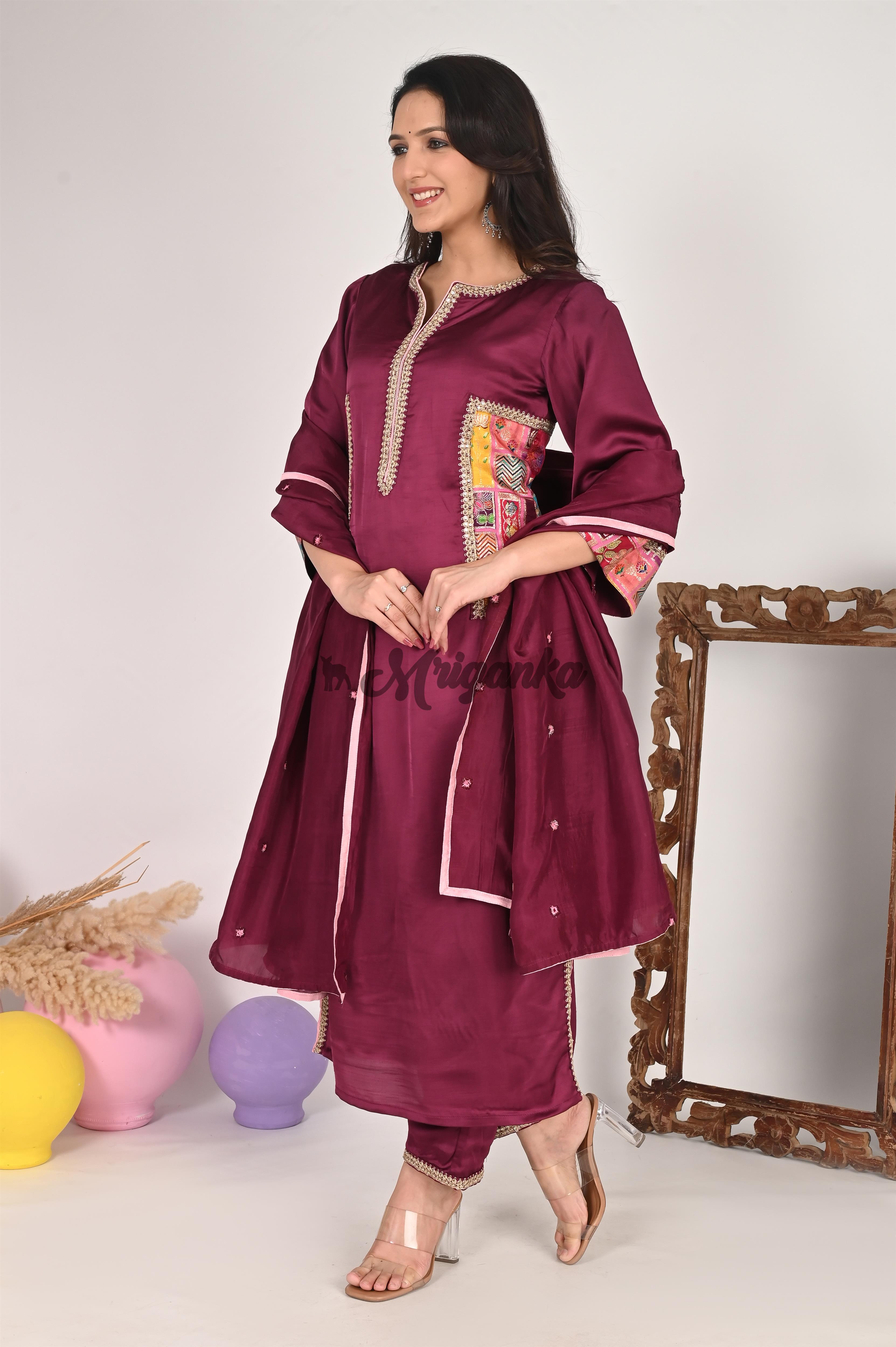 Linen Satin Suit Set in Wine Color | Buy at Mriganka