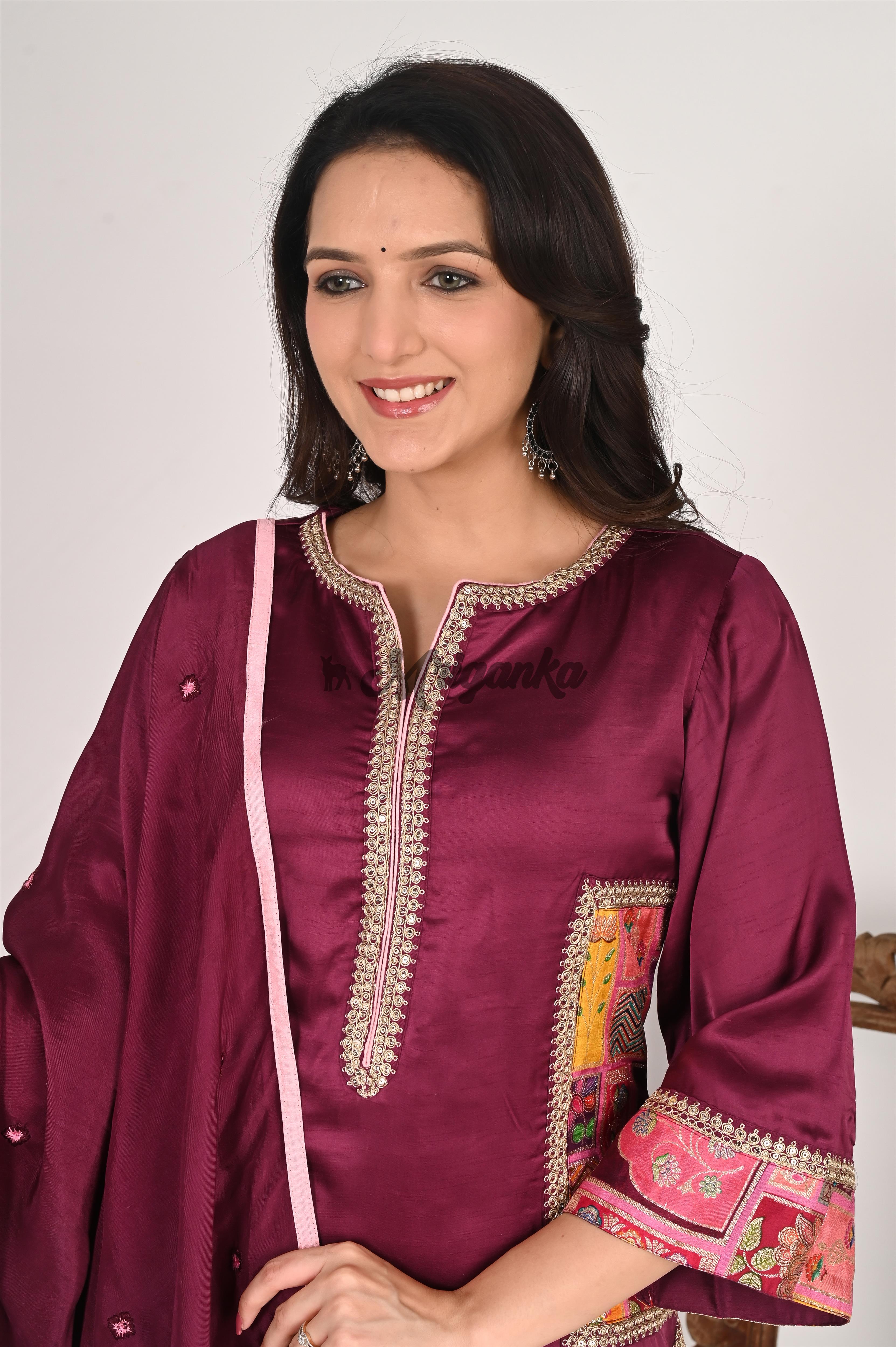 Linen Satin Suit Set in Wine Color | Buy at Mriganka