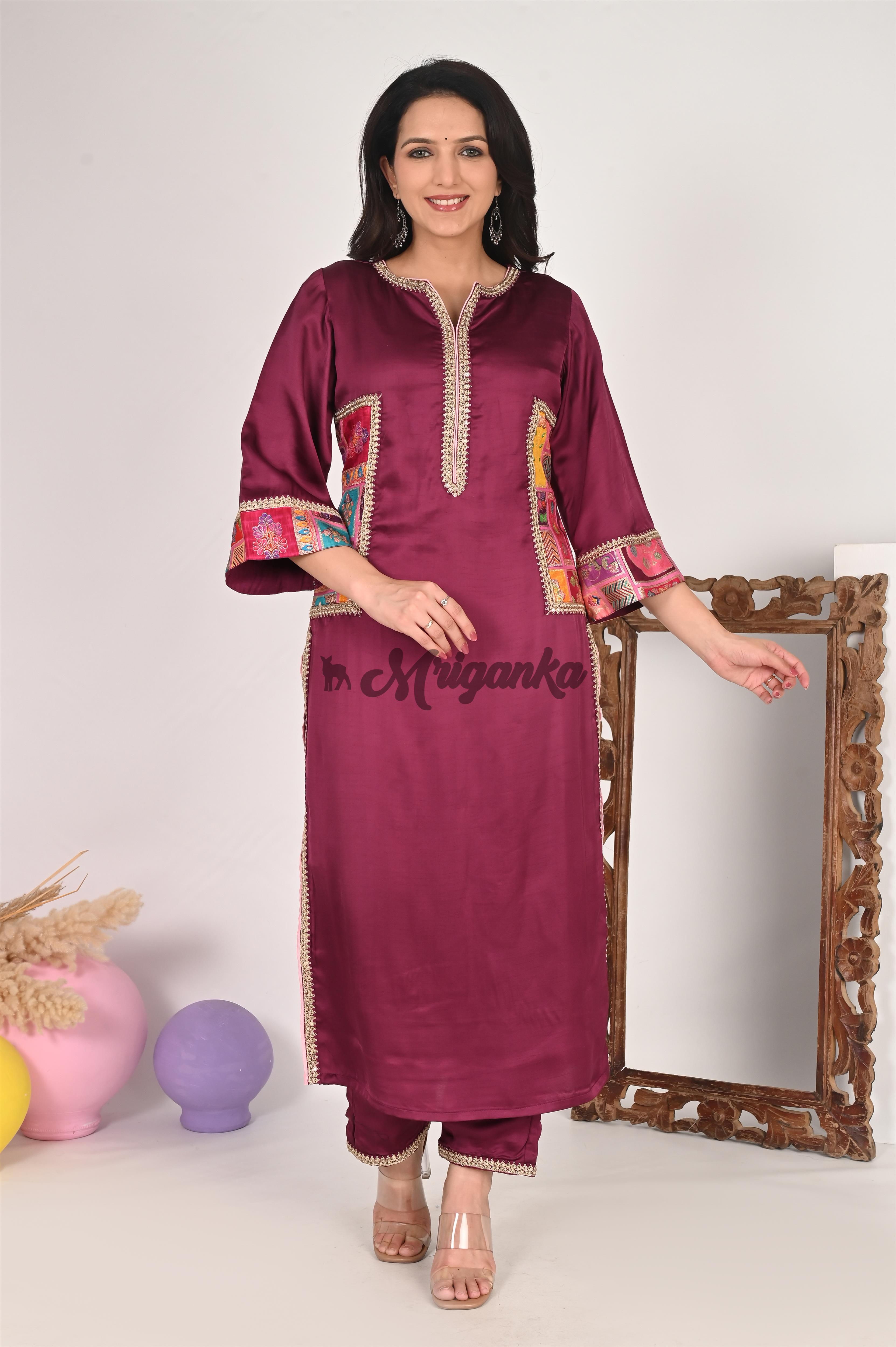 Linen Satin Suit Set in Wine Color | Buy at Mriganka