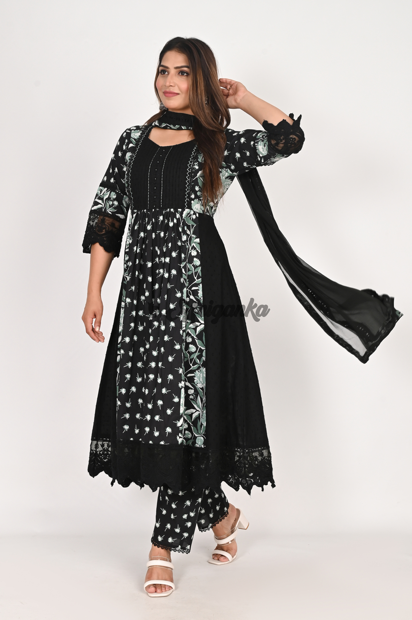 Elegant Black Anarkali Suit Set with Floral Pattern & Handcrafted Details