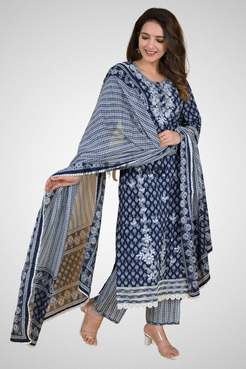 Embroidered Cotton Straight Kurta Sets Online at Mriganka