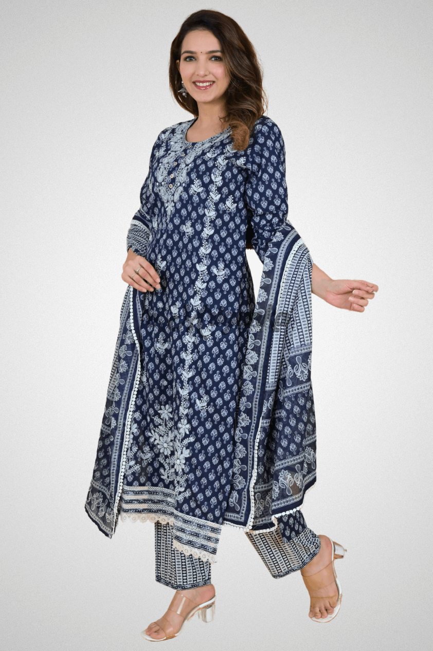 Embroidered Cotton Straight Kurta Sets Online at Mriganka