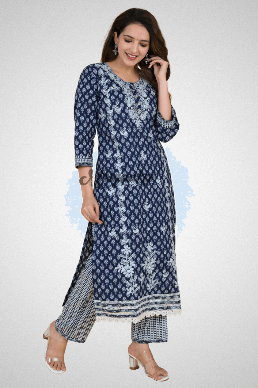 Embroidered Cotton Straight Kurta Sets Online at Mriganka