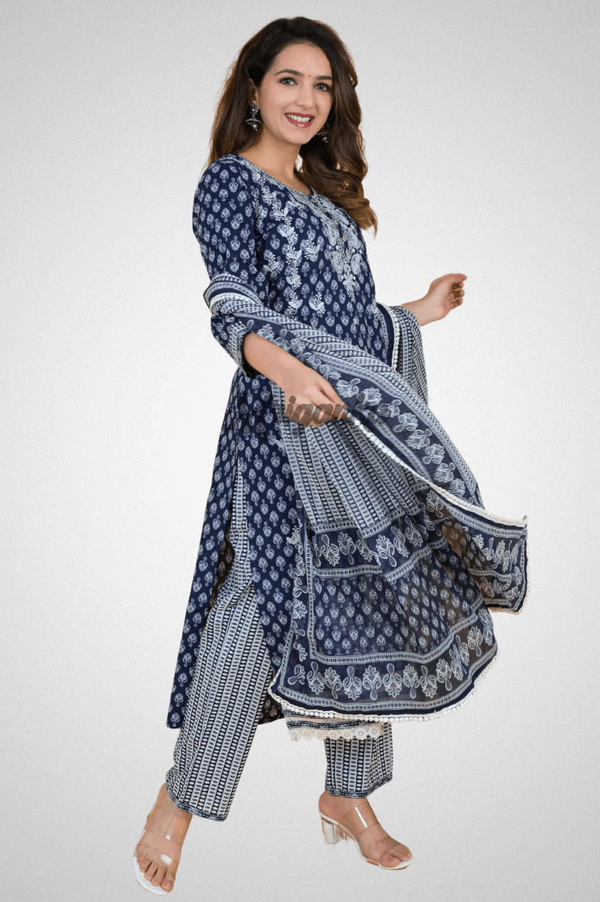 Embroidered Cotton Straight Kurta Sets Online at Mriganka