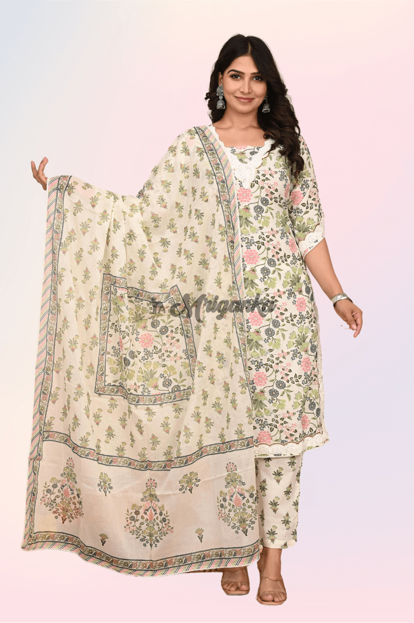 Straight Kurta Set | Pure Cotton Fabric | Floral Pattern - Buy at Mriganka