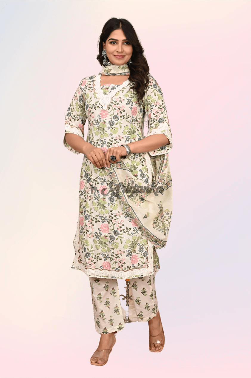 Straight Kurta Set | Pure Cotton Fabric | Floral Pattern - Buy at Mriganka