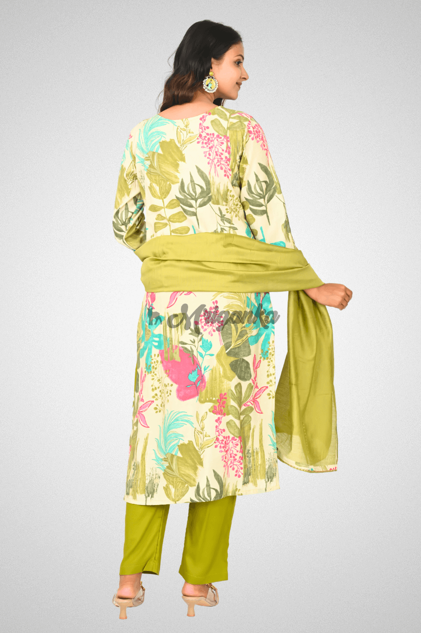 Green Muslin Suit Set with Floral Prints, Lace Detailing & Chanderi Dupatta @ Mriganka