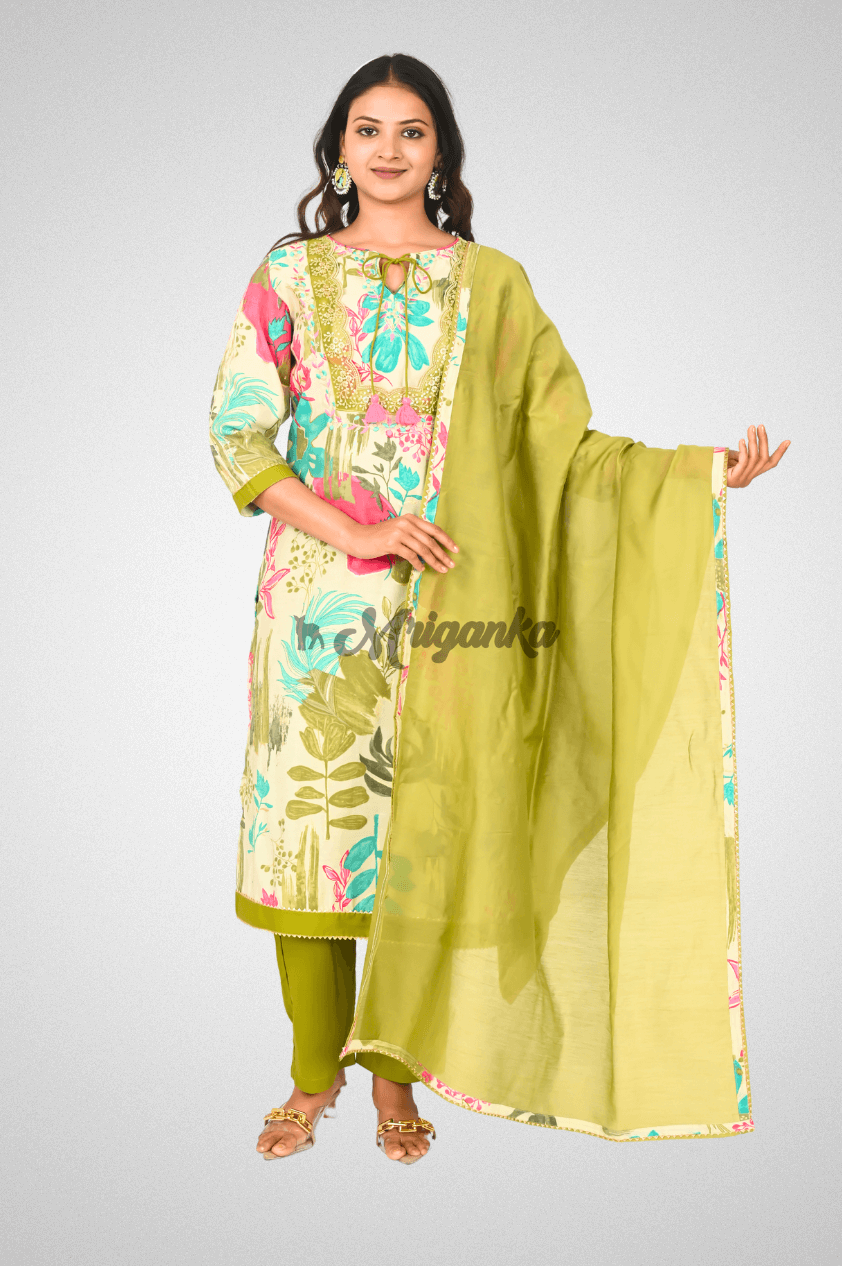 Green Muslin Suit Set with Floral Prints, Lace Detailing & Chanderi Dupatta @ Mriganka