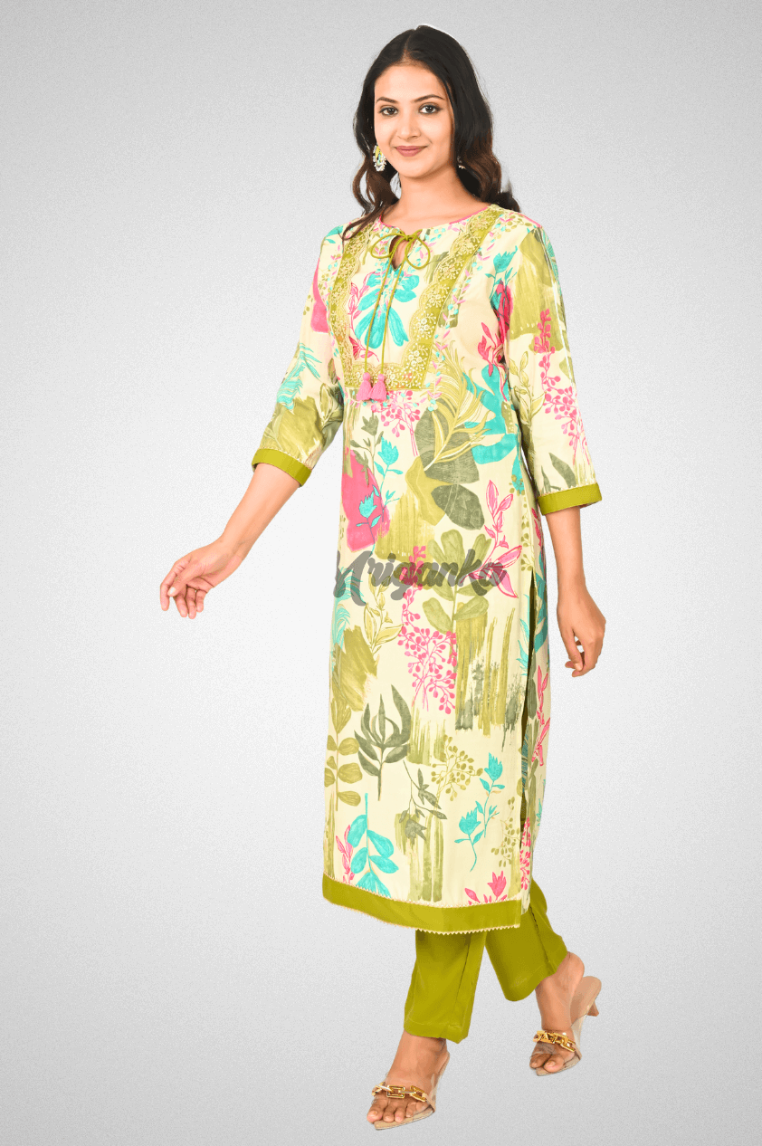 Green Muslin Suit Set with Floral Prints, Lace Detailing & Chanderi Dupatta @ Mriganka