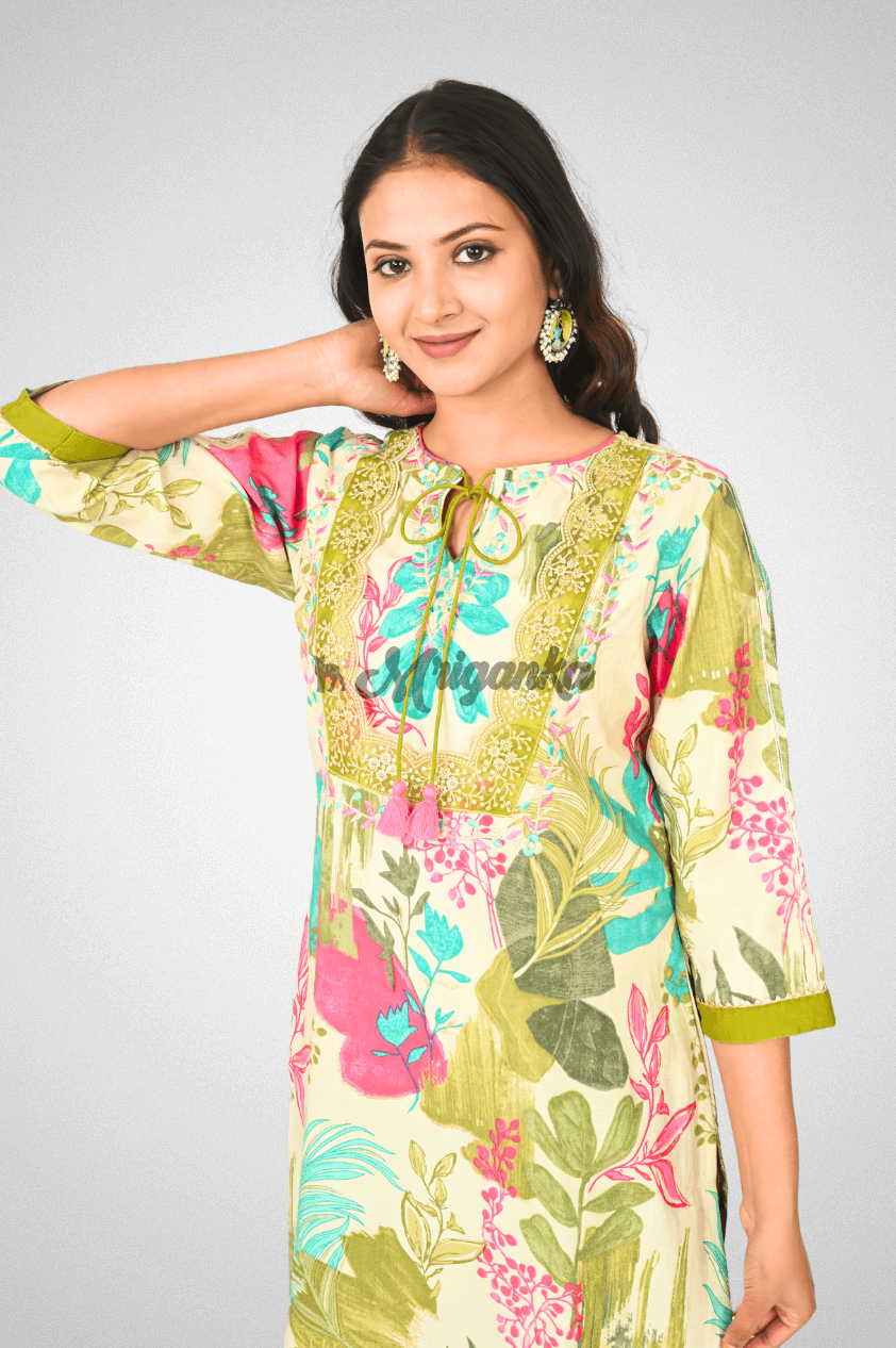 Green Muslin Suit Set with Floral Prints, Lace Detailing & Chanderi Dupatta @ Mriganka