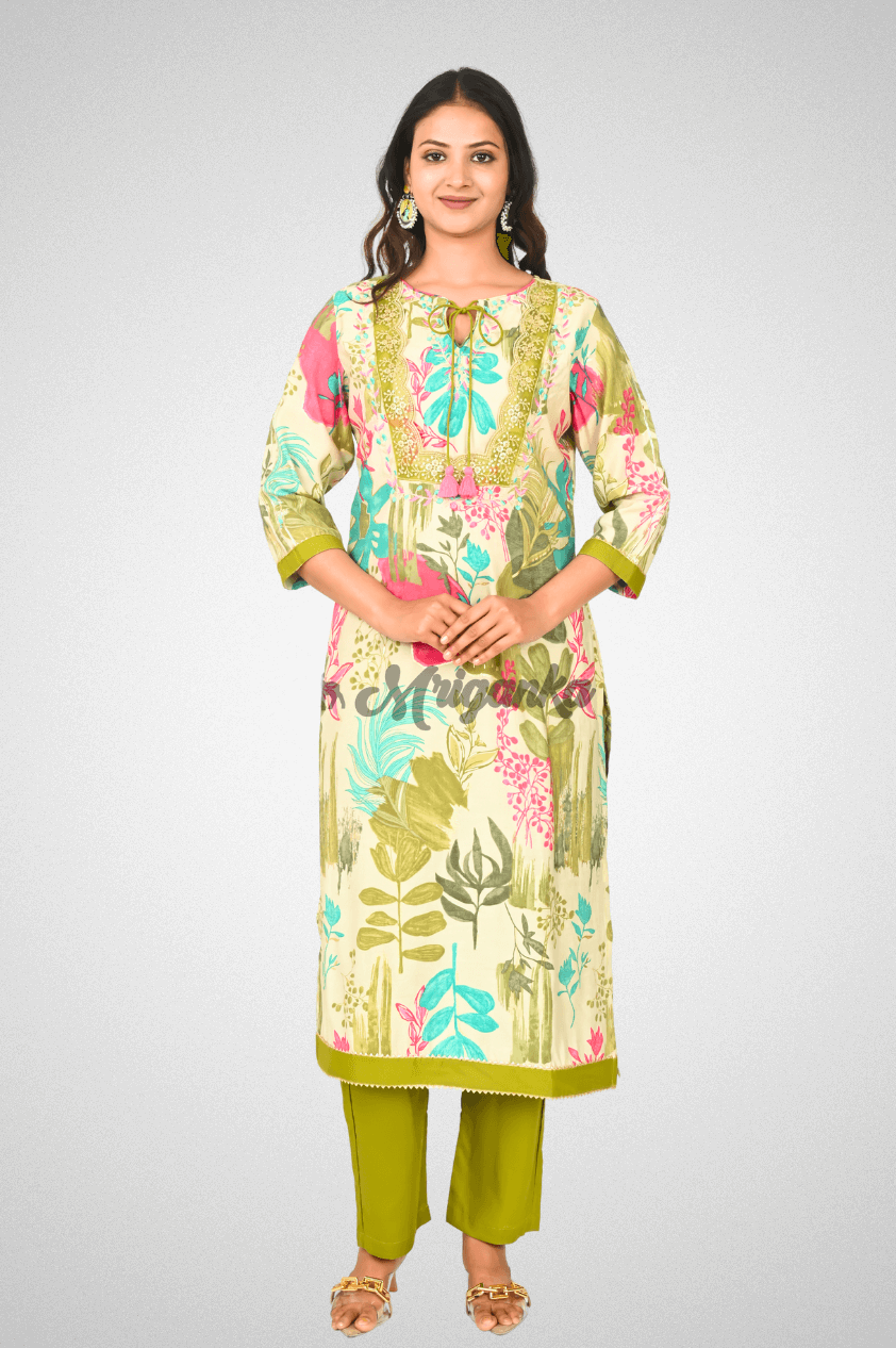 Green Muslin Suit Set with Floral Prints, Lace Detailing & Chanderi Dupatta @ Mriganka