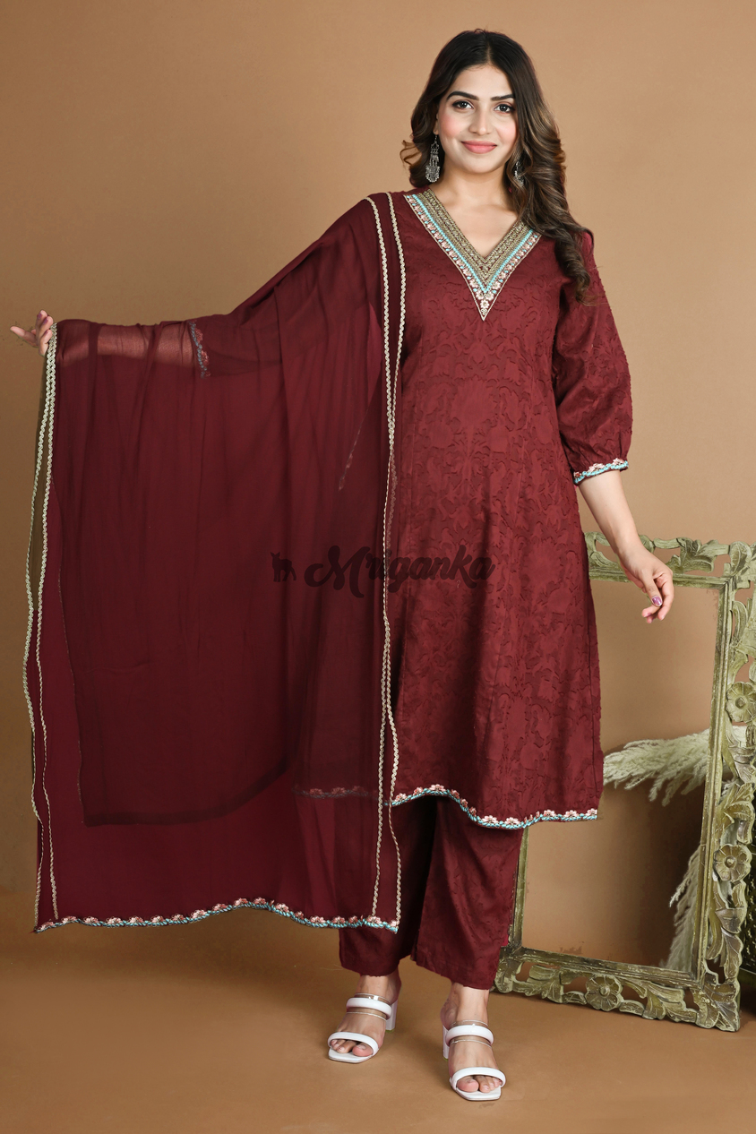 Elegant Maroon Red A-line Suit Set with Embroidered Neck and Delicate Lace Work