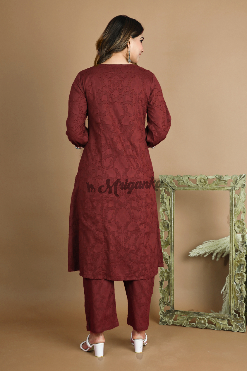 Elegant Maroon Red A-line Suit Set with Embroidered Neck and Delicate Lace Work