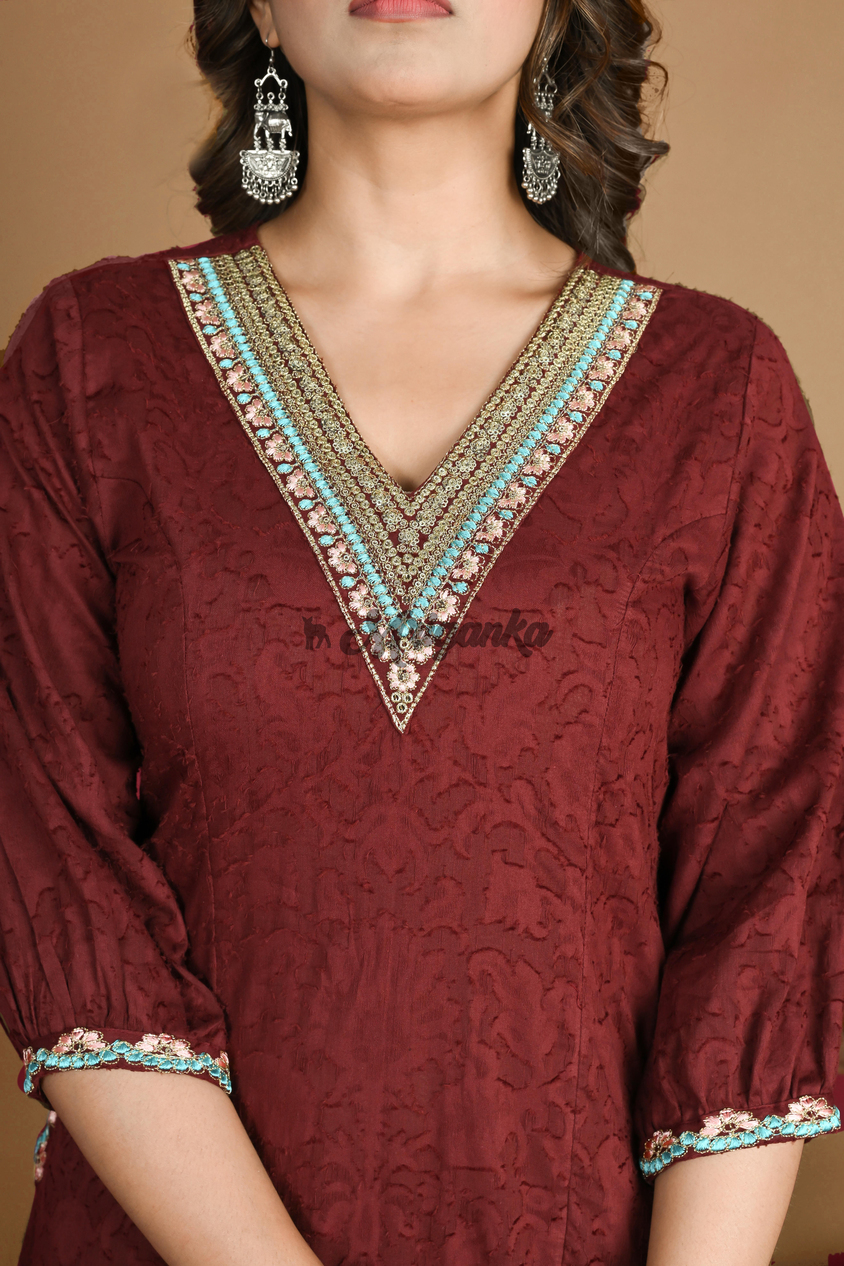 Elegant Maroon Red A-line Suit Set with Embroidered Neck and Delicate Lace Work