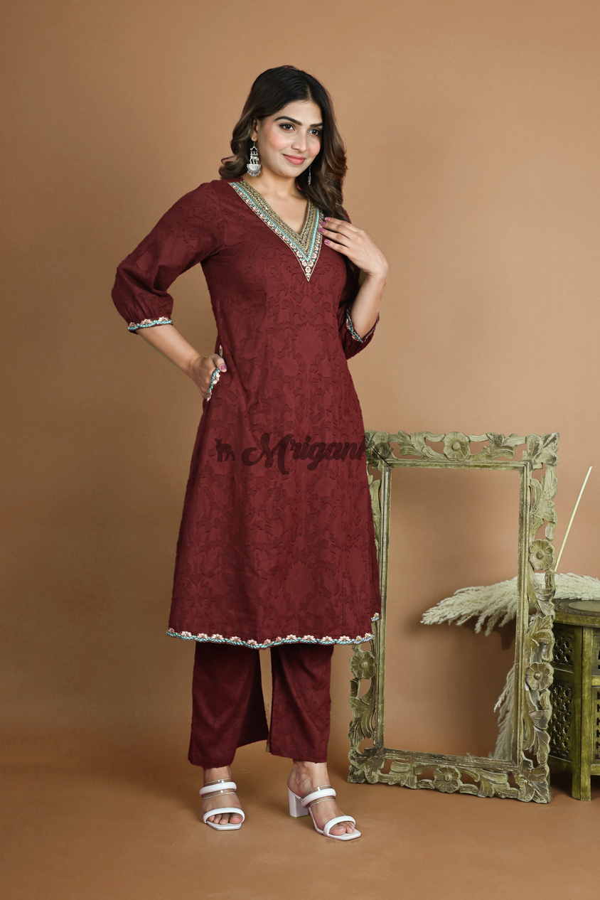 Elegant Maroon Red A-line Suit Set with Embroidered Neck and Delicate Lace Work