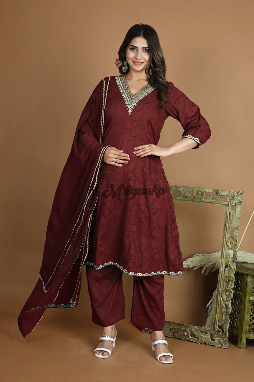 Elegant Maroon Red A-line Suit Set with Embroidered Neck and Delicate Lace Work