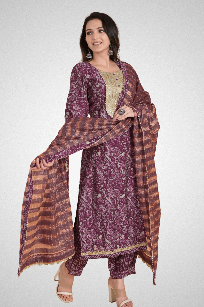 Shop Elegant Muslin Suit Sets Online at Mriganka | Straight Kurta with Afgani Pant