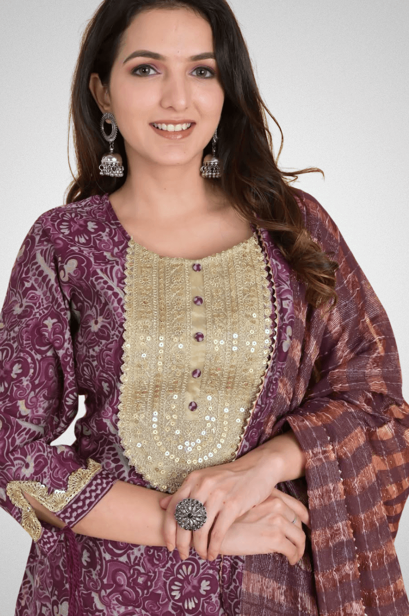 Shop Elegant Muslin Suit Sets Online at Mriganka | Straight Kurta with Afgani Pant