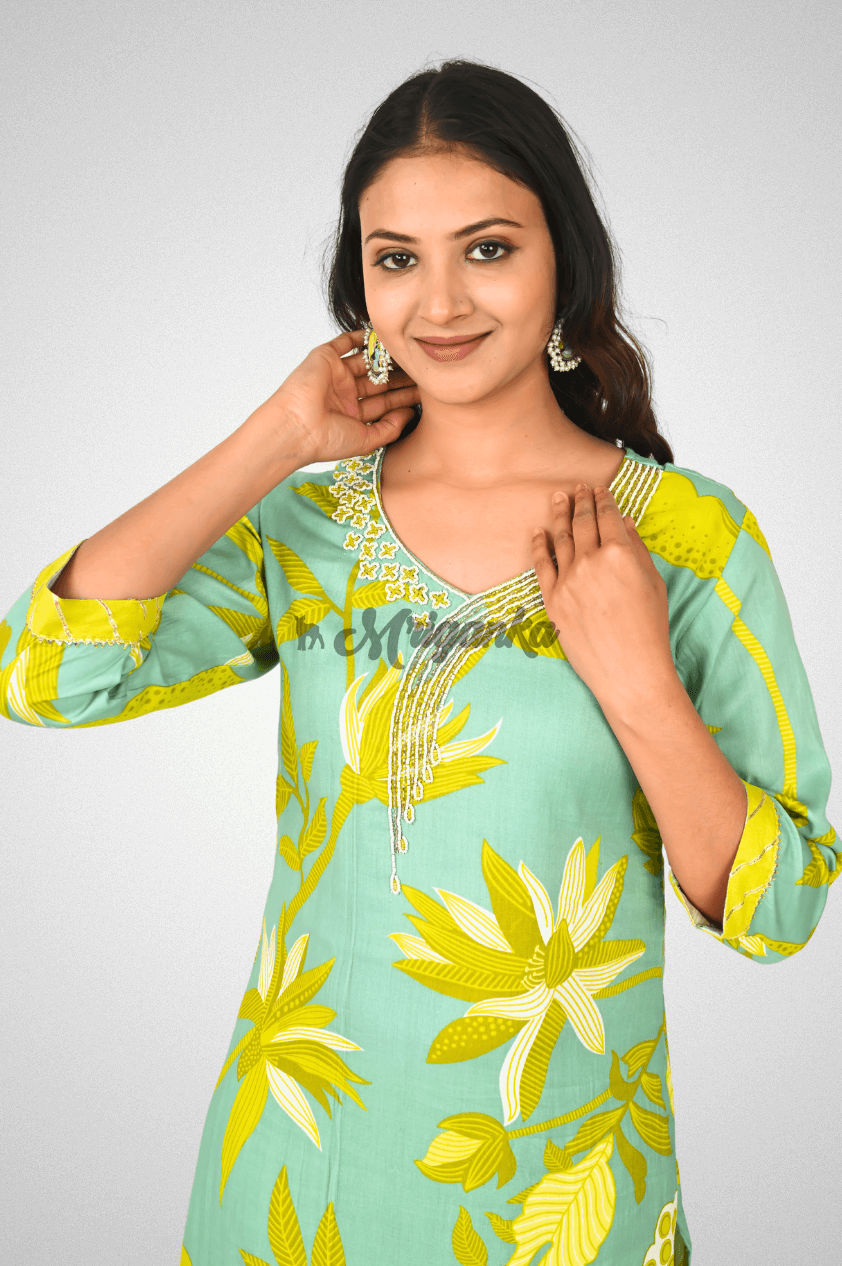 Floral Cotton Rayon Suit Set with Bead & Gota Work, Lace Detailing & Chanderi Dupatta @ Mriganka