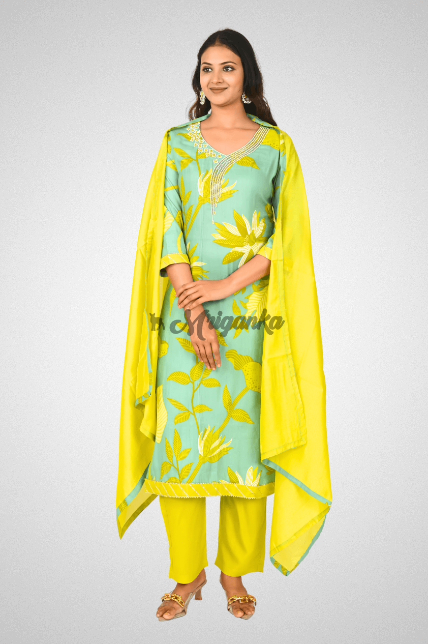 Floral Cotton Rayon Suit Set with Bead & Gota Work, Lace Detailing & Chanderi Dupatta @ Mriganka