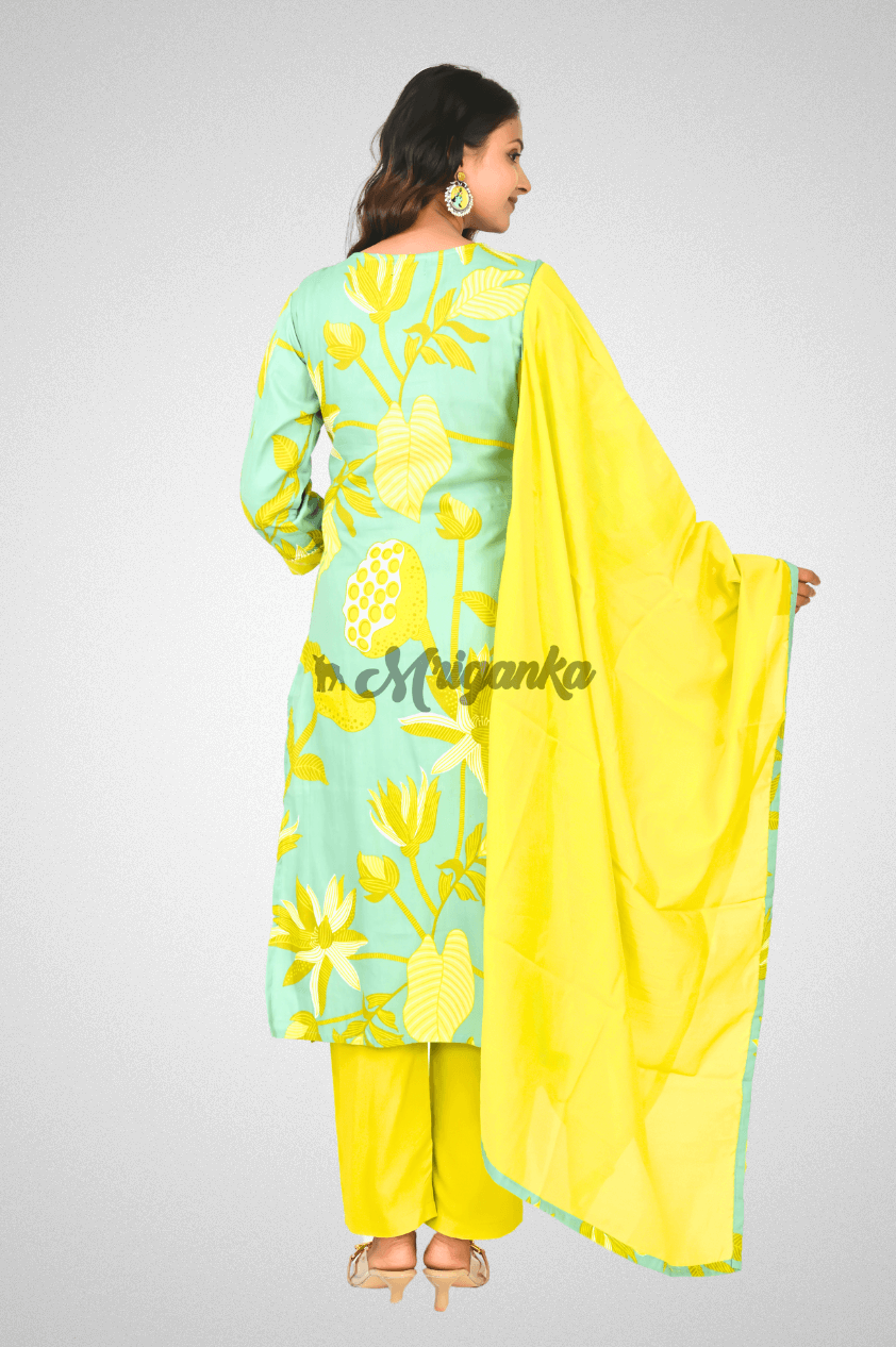 Floral Cotton Rayon Suit Set with Bead & Gota Work, Lace Detailing & Chanderi Dupatta @ Mriganka