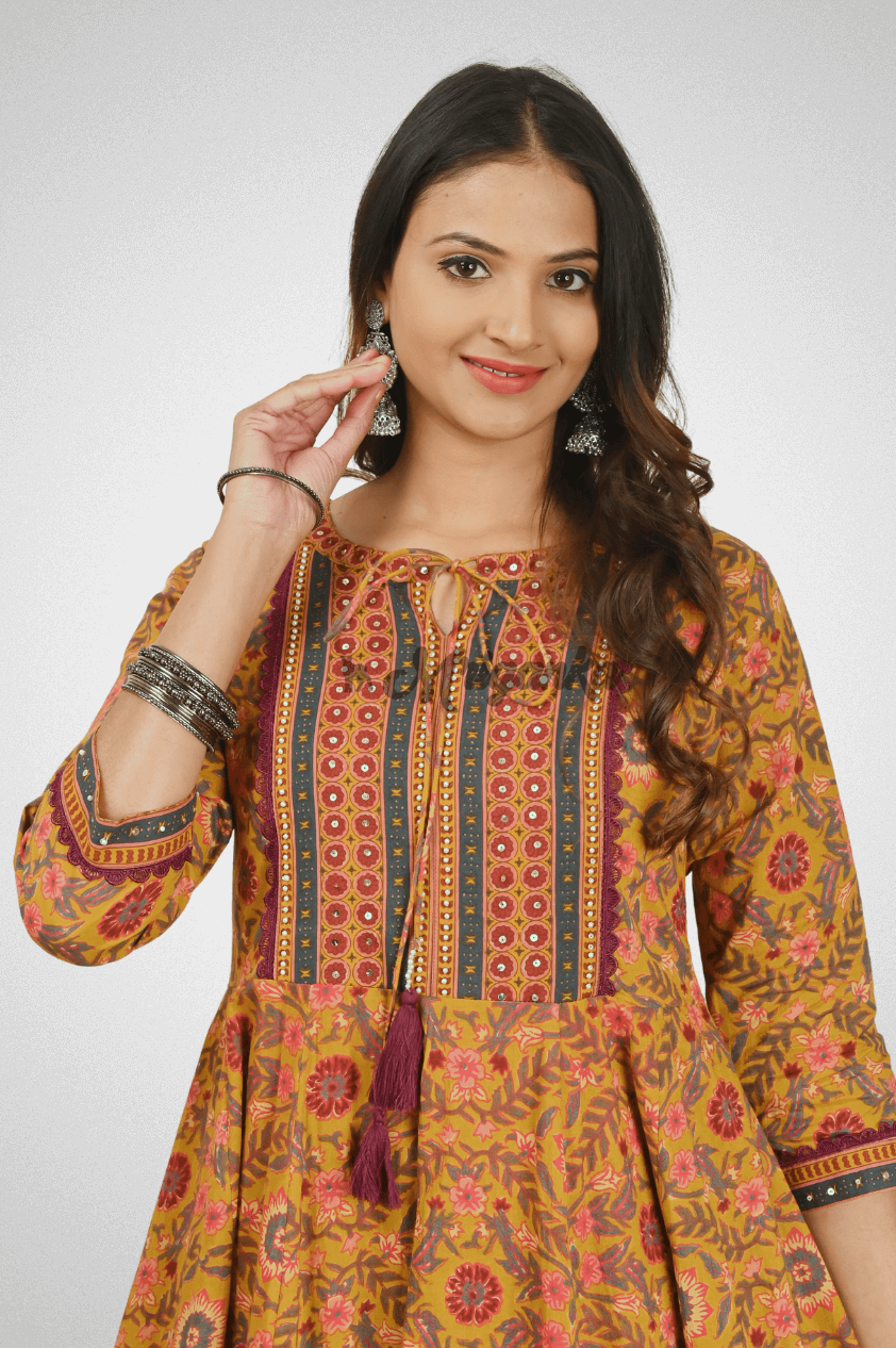 Orange Cotton Anarkali Suit with Thread Work, Tassels & Cotton Dupatta - Buy At Mriganka