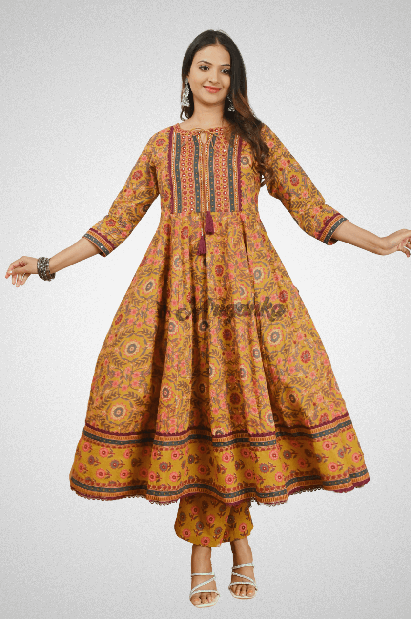 Orange Cotton Anarkali Suit with Thread Work, Tassels & Cotton Dupatta - Buy At Mriganka