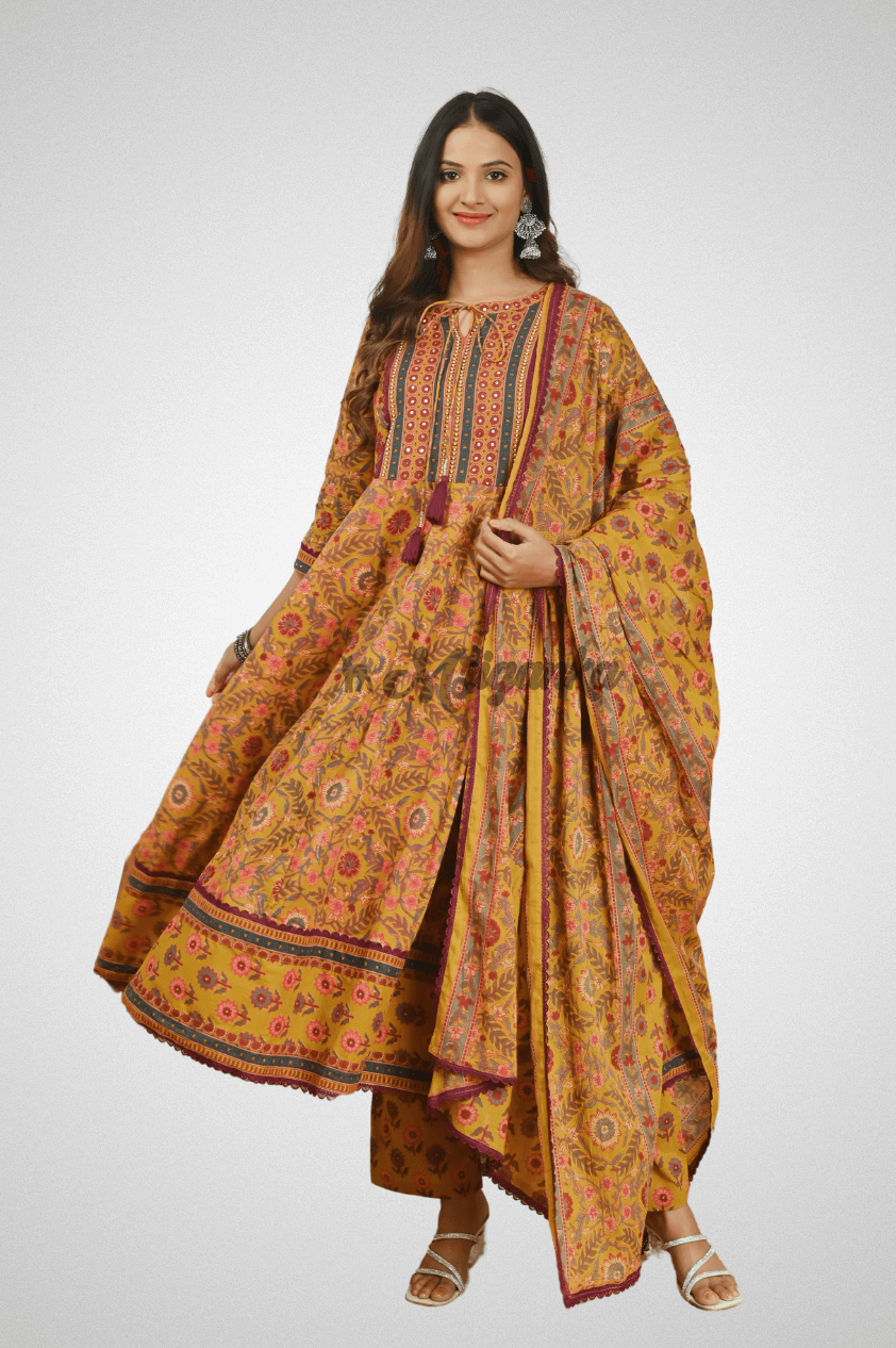 Orange Cotton Anarkali Suit with Thread Work, Tassels & Cotton Dupatta - Buy At Mriganka