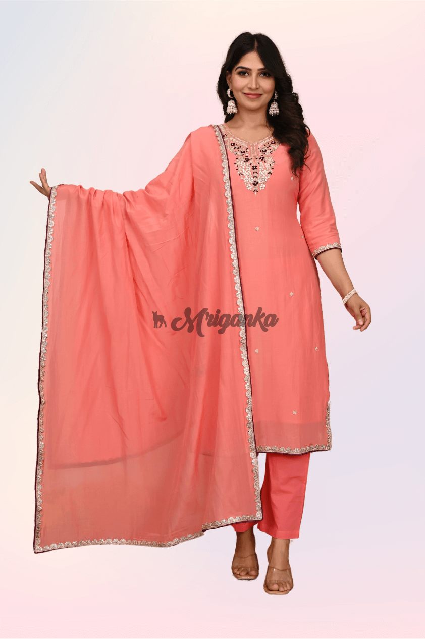 Complete Suit Set | Cotton Silk Fabric|Lace & Piping Embellished- Buy From Mriganka