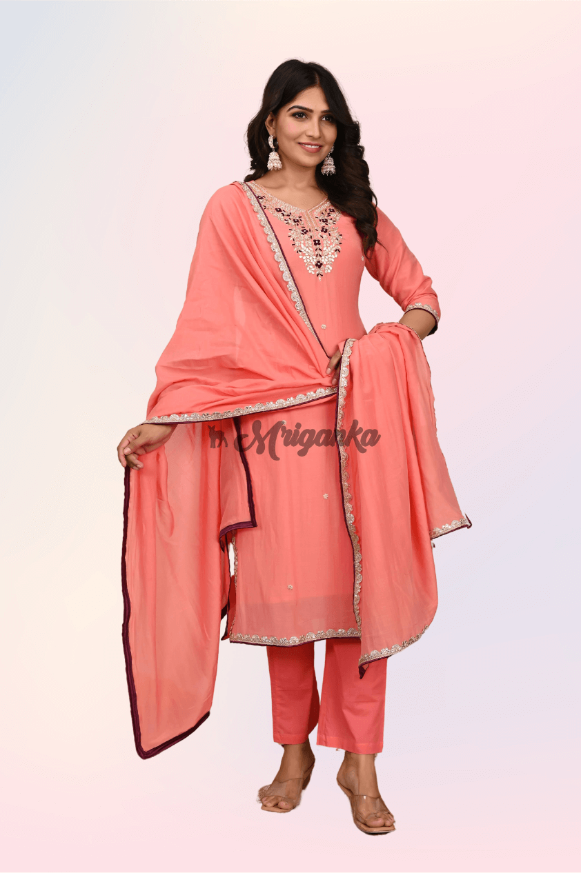 Complete Suit Set | Cotton Silk Fabric|Lace & Piping Embellished- Buy From Mriganka