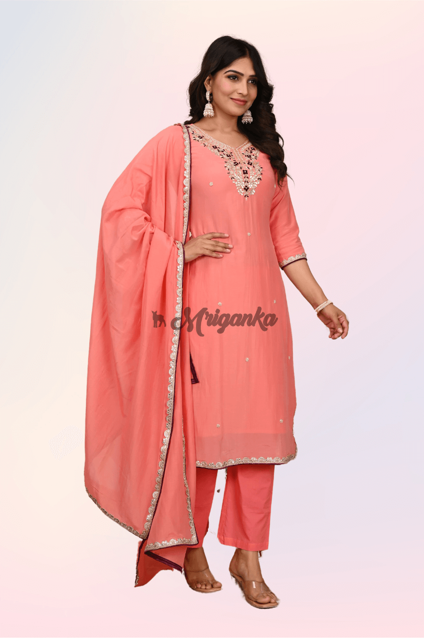 Complete Suit Set | Cotton Silk Fabric|Lace & Piping Embellished- Buy From Mriganka