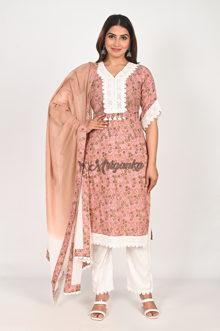 Peach Cotton Straight Suit Set with Lace Work & Shell Detailing