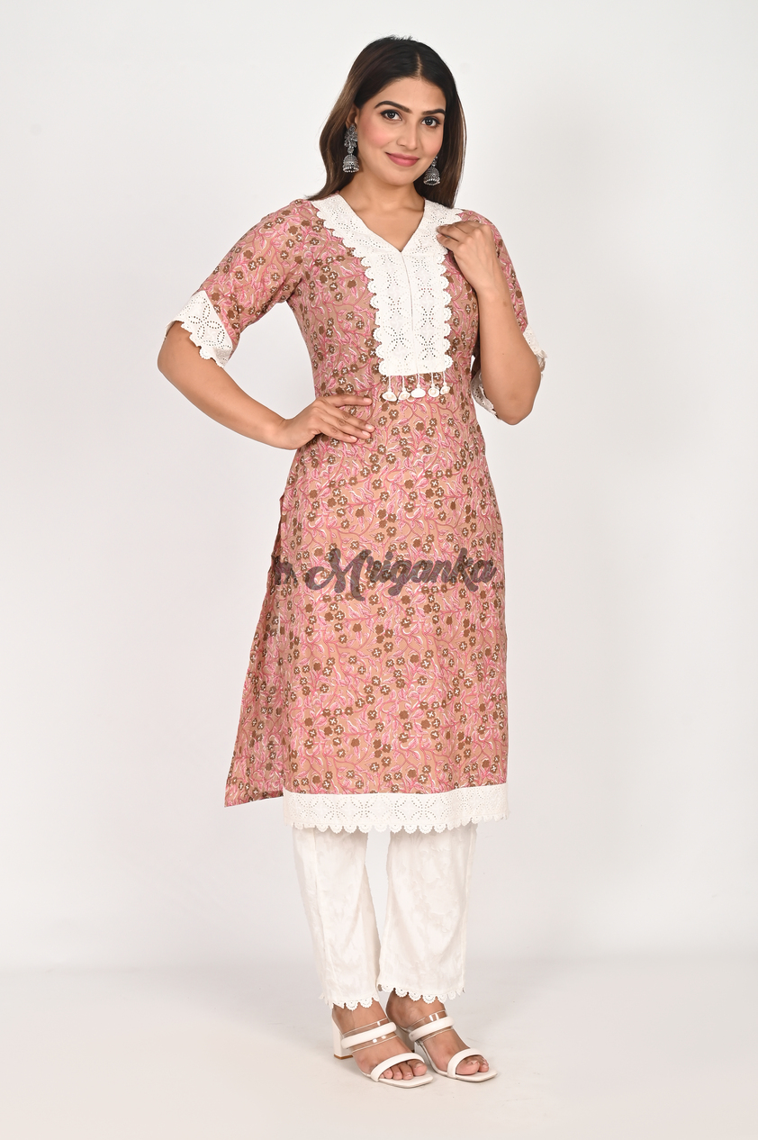 Peach Cotton Straight Suit Set with Lace Work & Shell Detailing