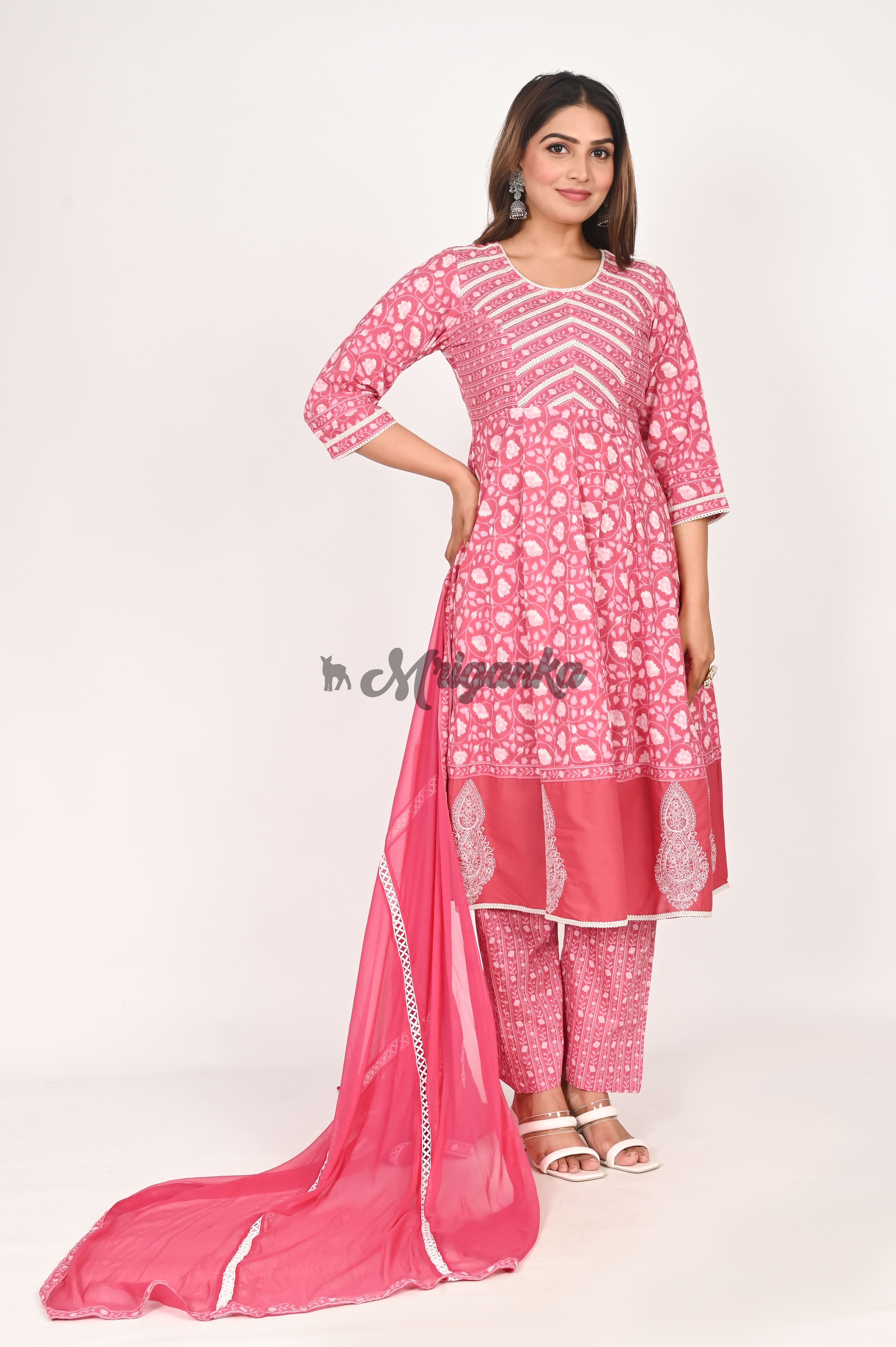 Elegant Pink Anarkali Suit Set with Lace & Embroidered Buta - Pure Cotton