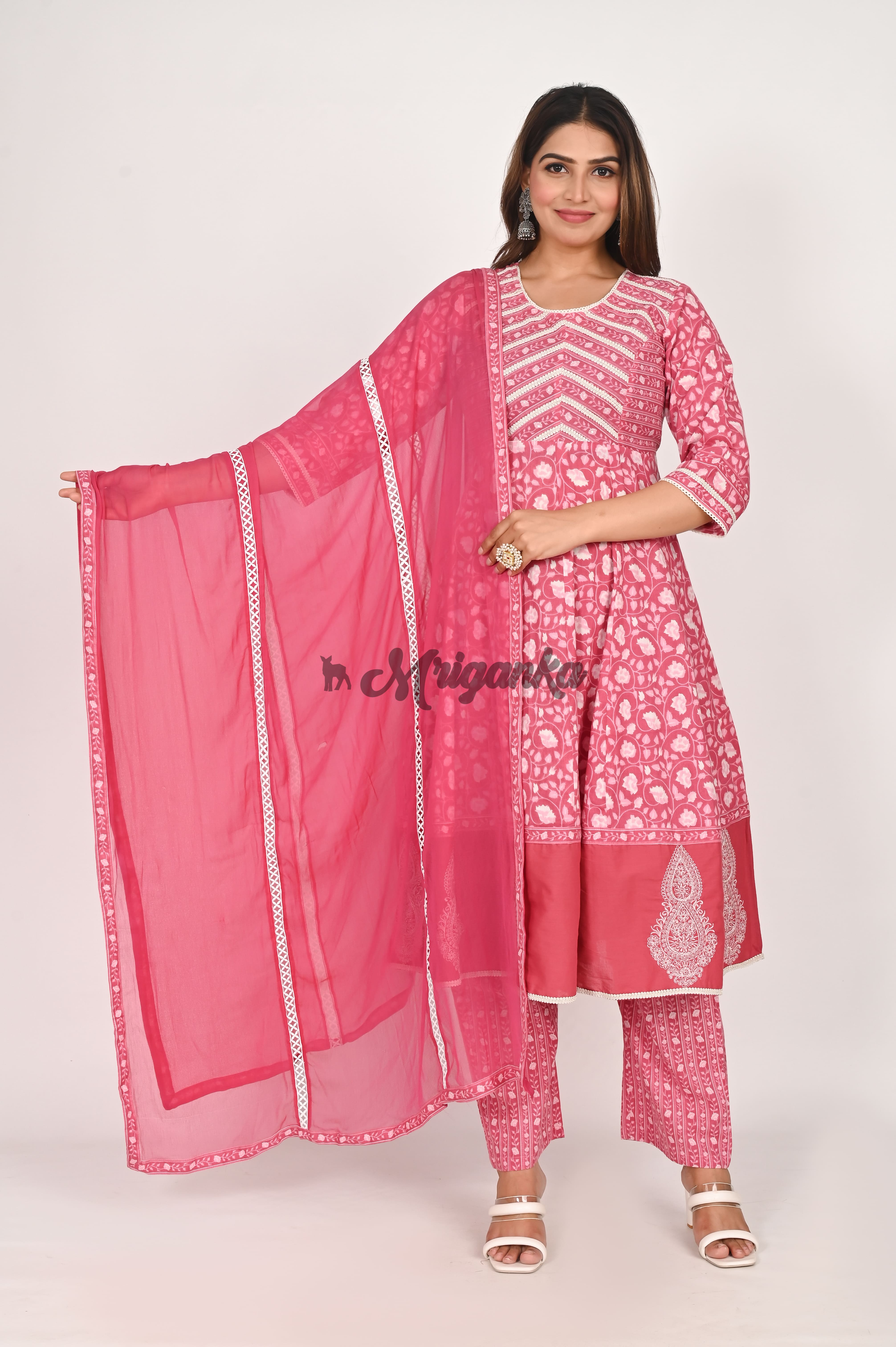 Elegant Pink Anarkali Suit Set with Lace & Embroidered Buta - Pure Cotton