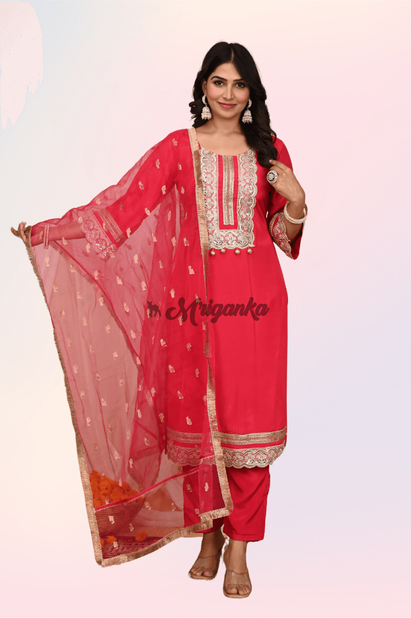 Straight Suit Set | Silk Fabric|Gota Embellished- Buy From Mriganka