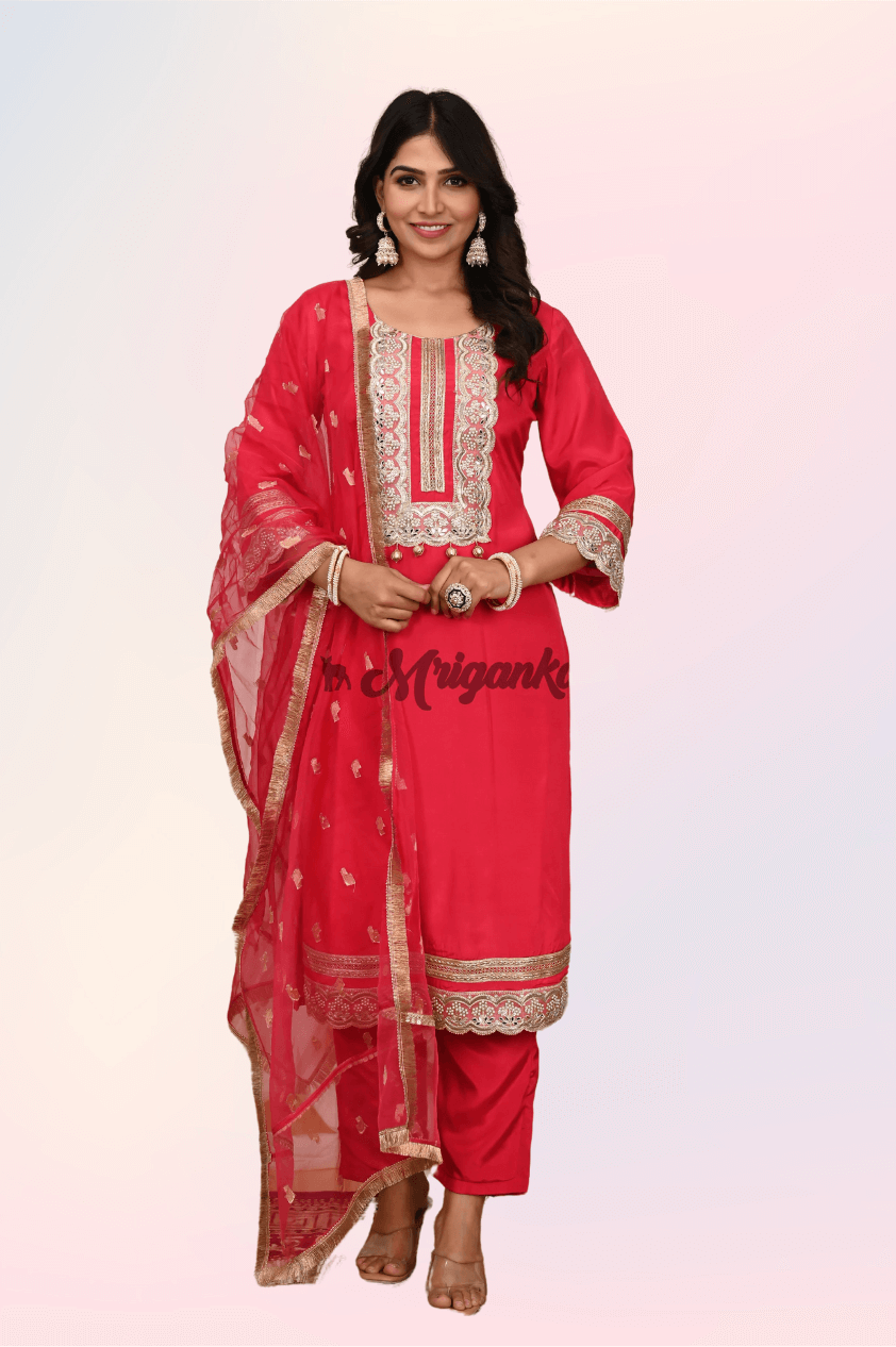 Straight Suit Set | Silk Fabric|Gota Embellished- Buy From Mriganka