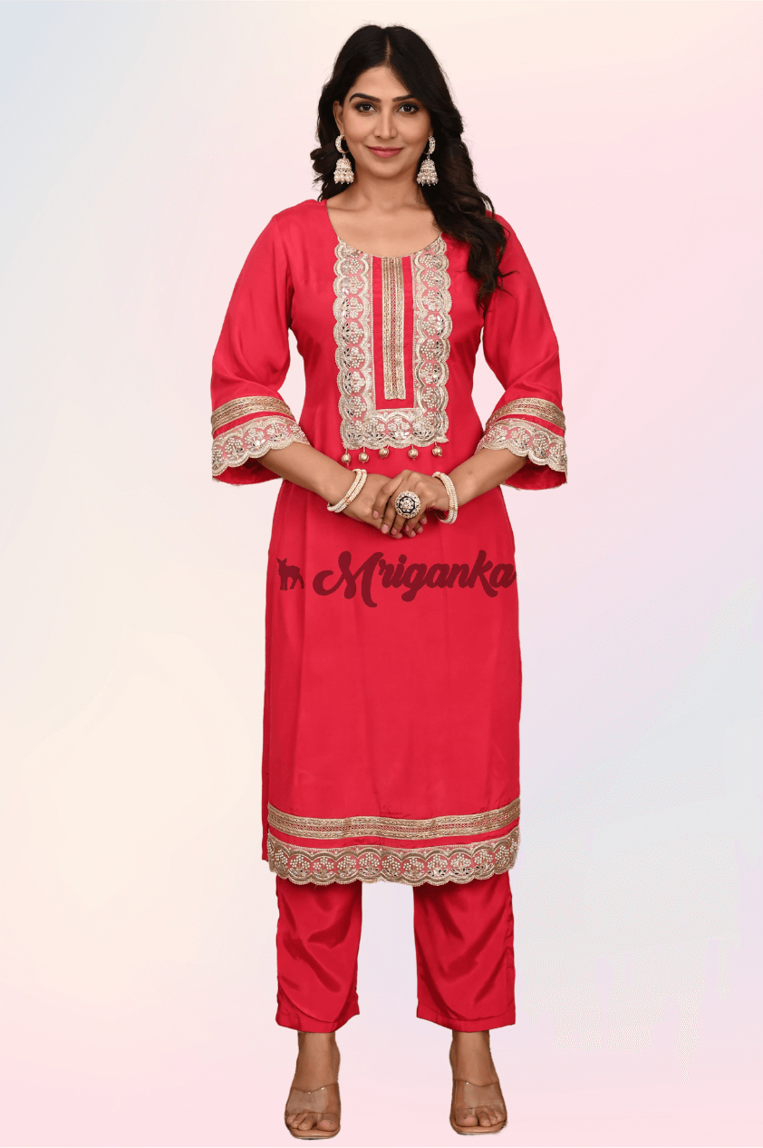 Straight Suit Set | Silk Fabric|Gota Embellished- Buy From Mriganka