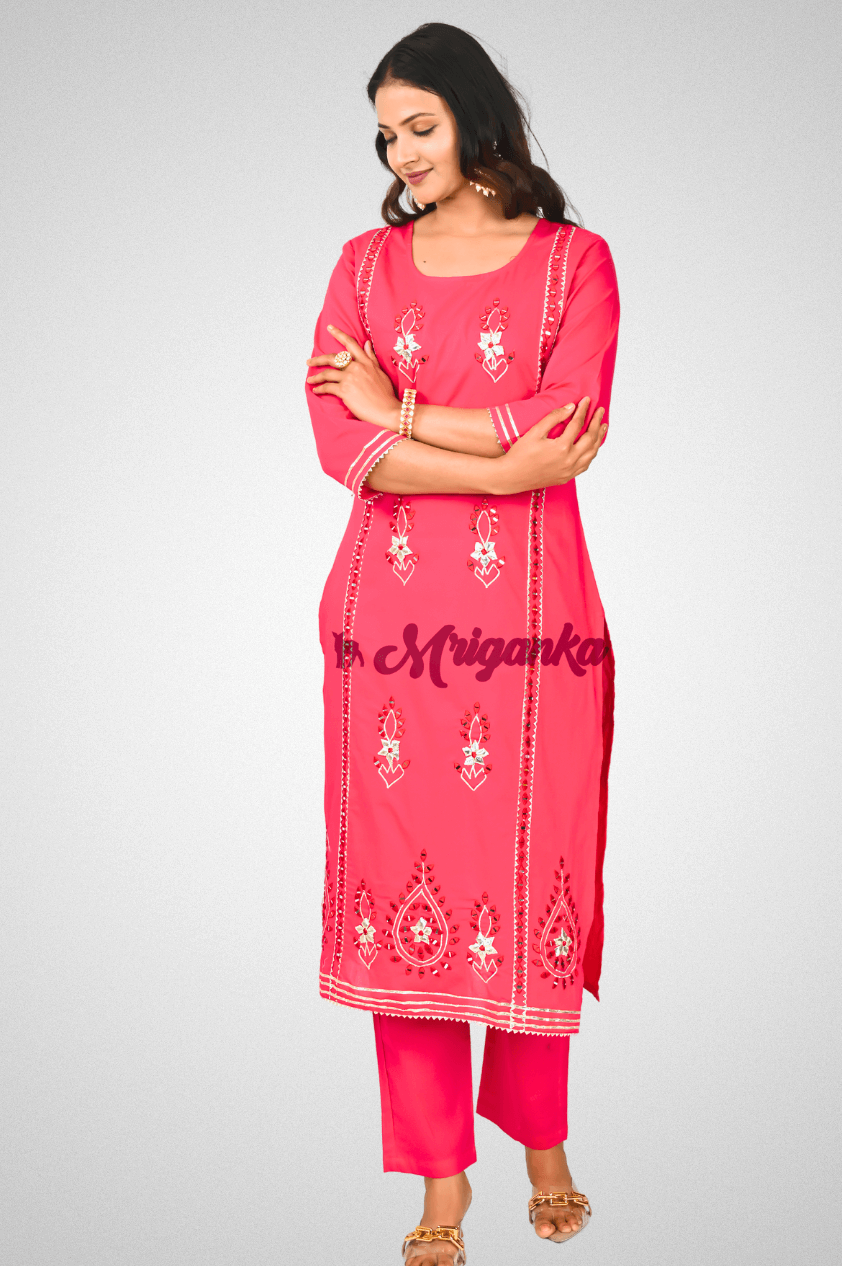 Pink Embroidered Cotton Straight Suit Set – Gota & Lace Work Kurta with Cotton Dupatta | Mriganka