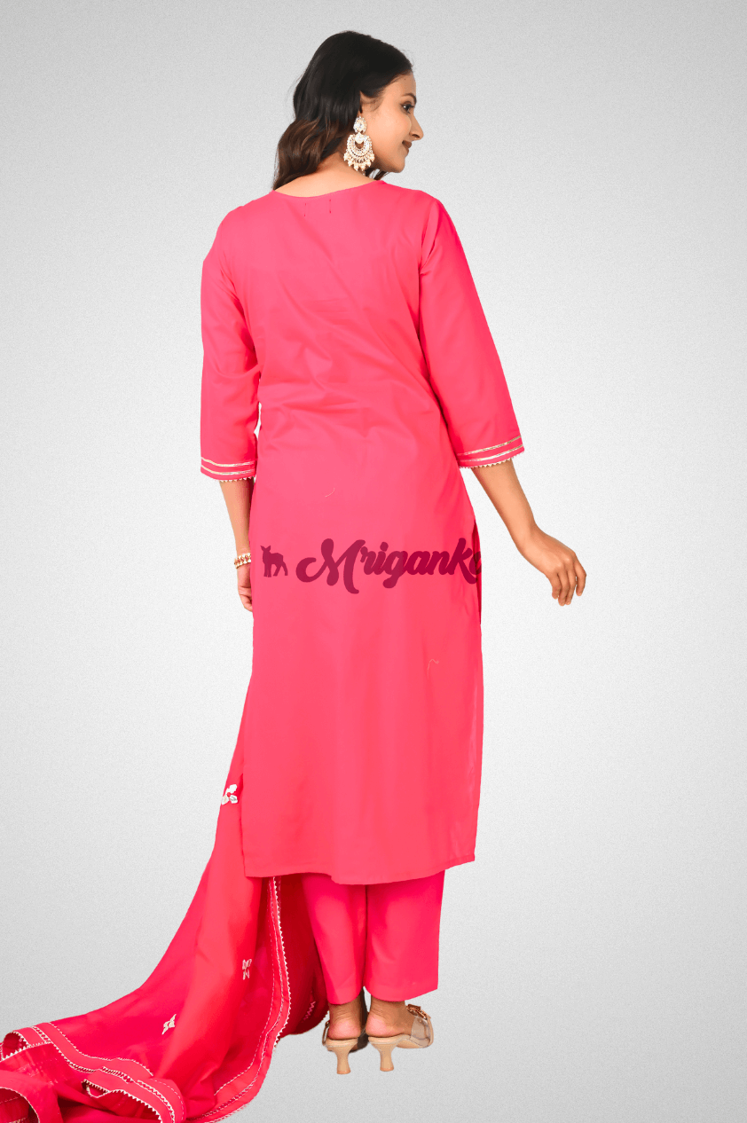 Pink Embroidered Cotton Straight Suit Set – Gota & Lace Work Kurta with Cotton Dupatta | Mriganka